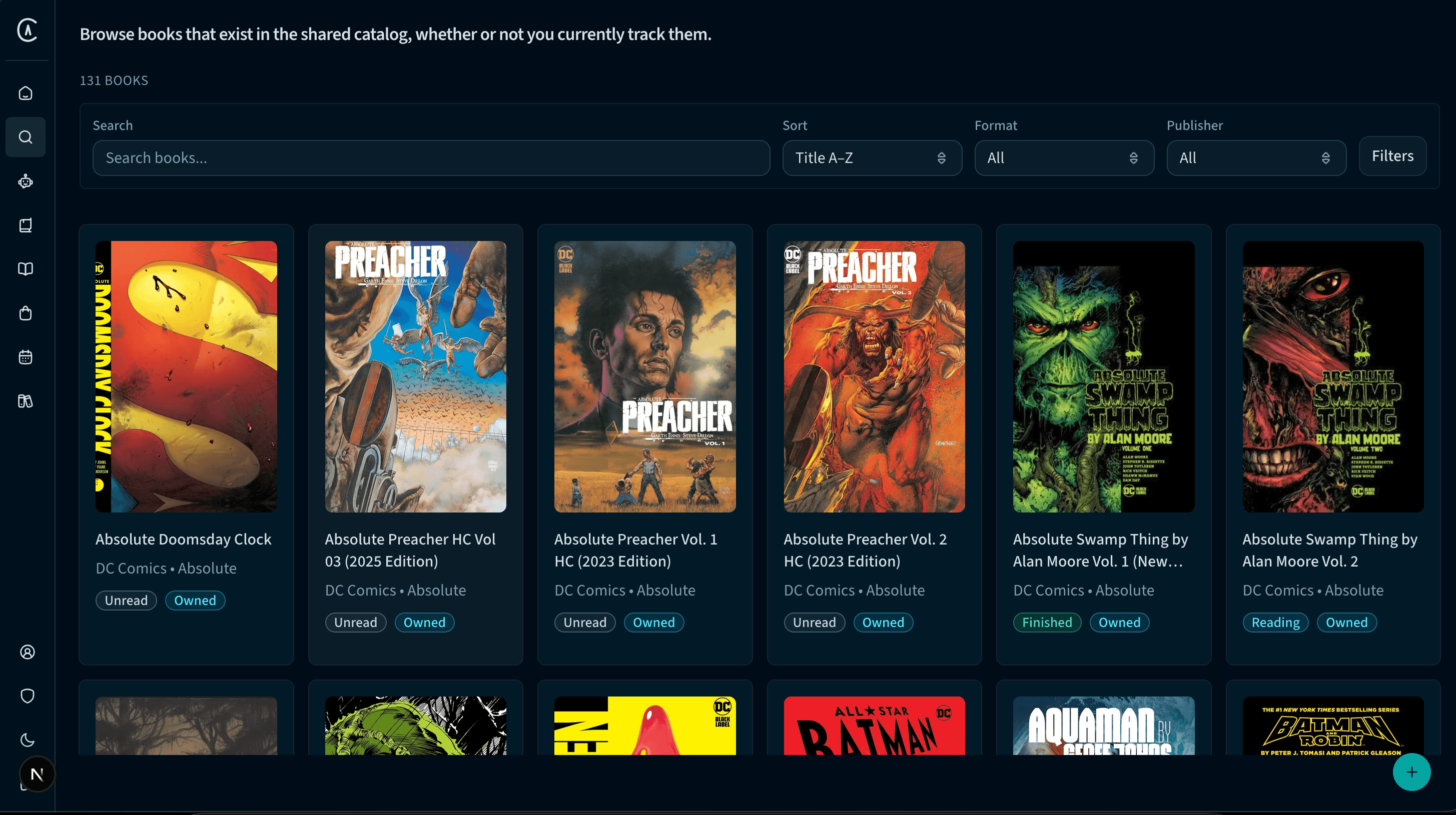 ComicAtlas catalog browsing books in a grid