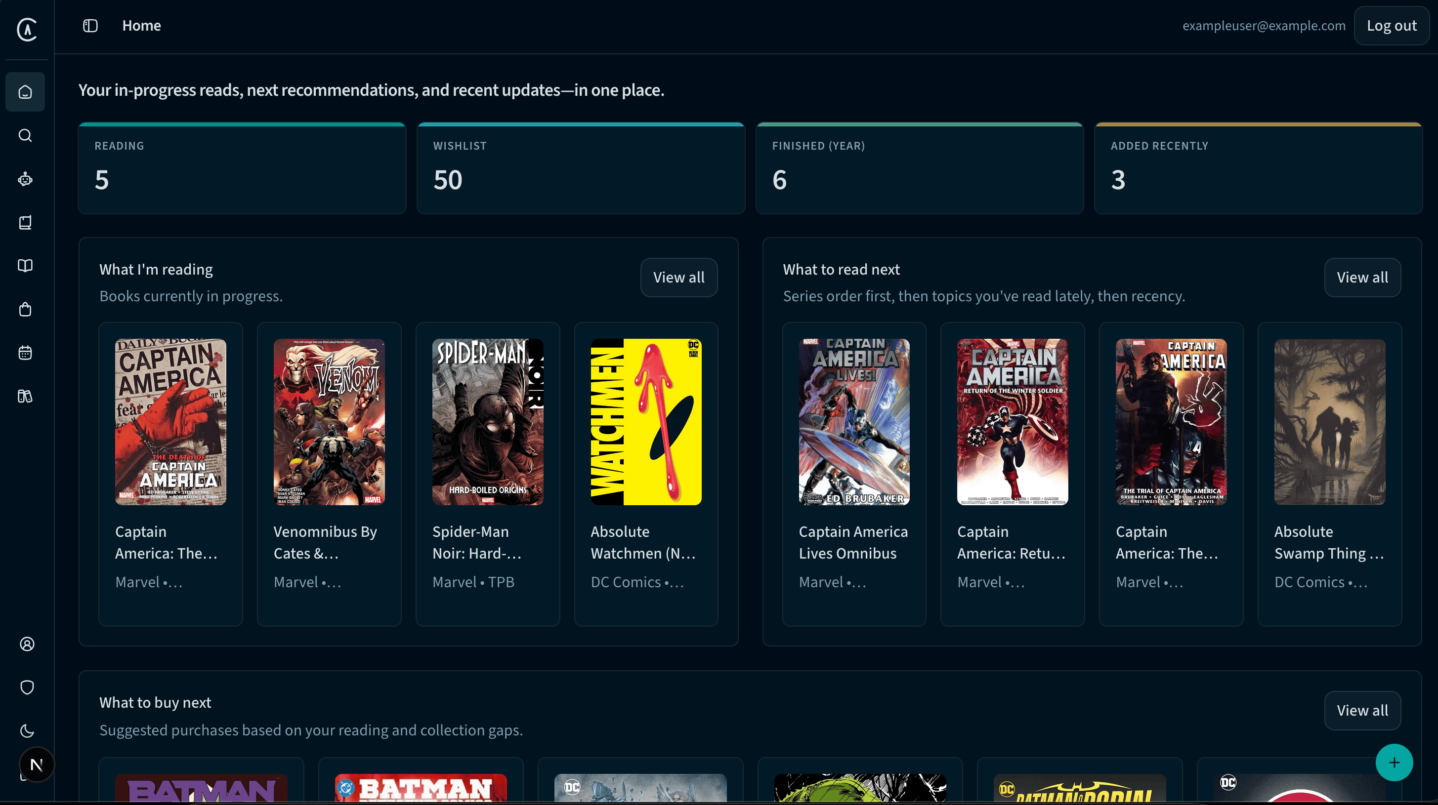 ComicAtlas home screen with reading progress and recent books